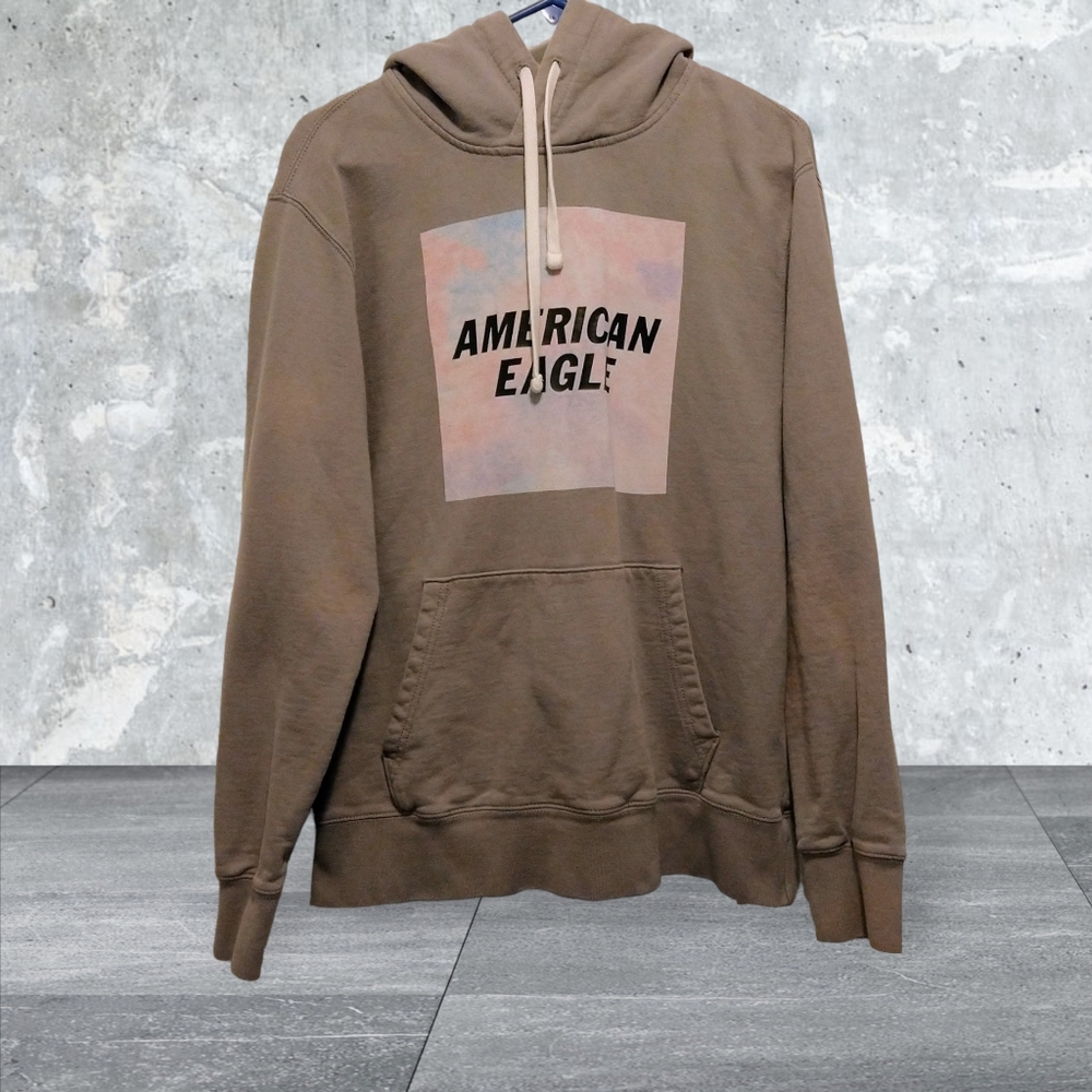 American Eagle Size M Heavy Gray/Beige Hoodie W/Pink and Blue Imprint on Front